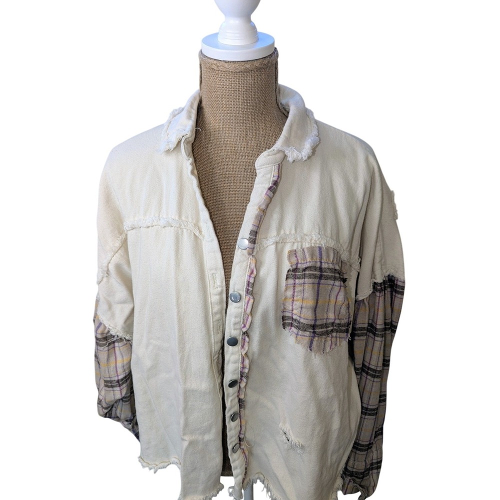 Distressed Plaid‎ Patchwork Denim Shirt Jacket Cream Purple Yellow Size L